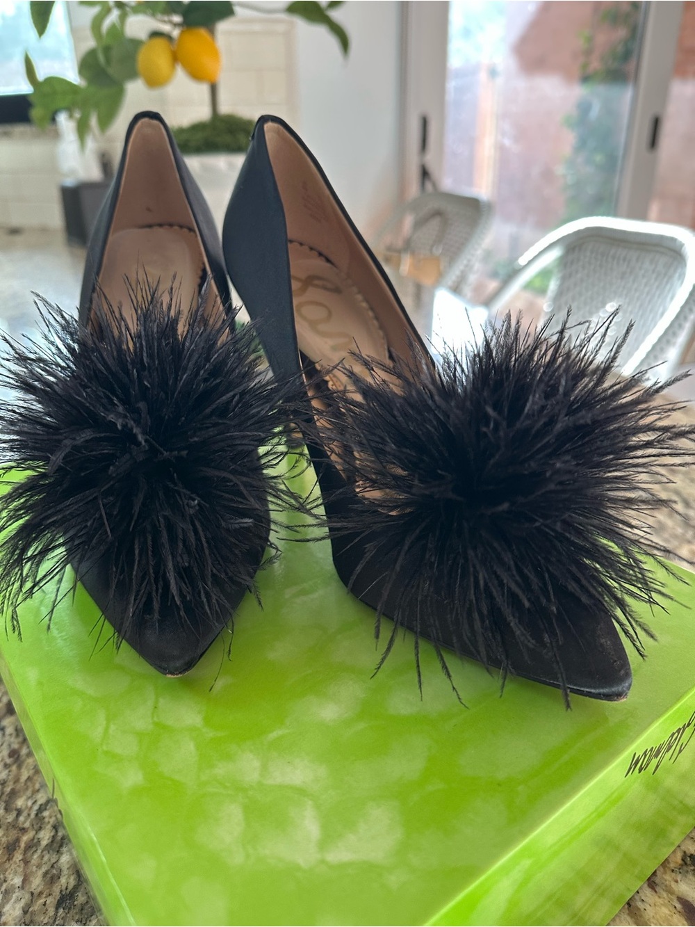 Sam Edelman Black Satin Pointed-Toe Heels with Feather Pom-Pom